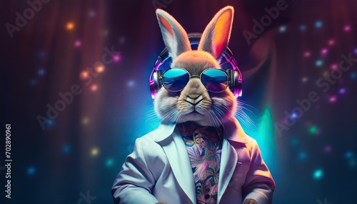 Rabbit in the Dj with headphones and colorful background 
