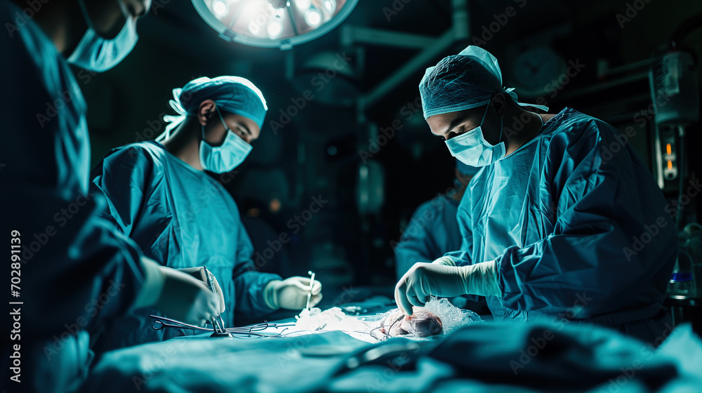 The theater of the operating room, an international team of professional doctors in a modern operating room are conducting an operation.Medical team in the operating room, dark background. The theater of the operating room, an international team of professional doctors in a modern operating room are conducting an operation.Medical team in the operating room, dark background.