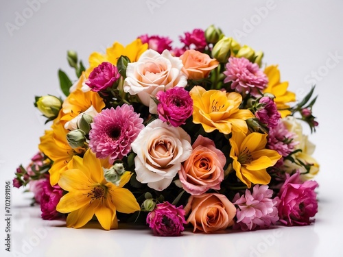 A beautiful colorful composition of flowers. Floristry. A bouquet of pink, red, yellow, white and orange flowers on a gray background. Flowers for postcards, greetings, weddings, holidays.