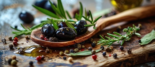 Wooden ladle with black pickled olives, herbs, leaves, and olive oil spilled.