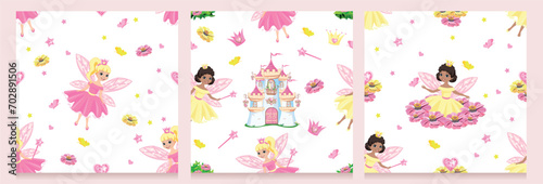 Beautiful princess seamless pattern in cartoon style. Vector background with cute fairies, flowers and butterflies. Set.