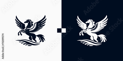 Pegasus horse logo Pegasus Skyline vector design inspiration, Monochrome Emblem of Running Pegasus isolated on white, Vector image of a silhouette of a mythical creature of Pegasus