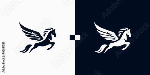 Pegasus horse logo Pegasus Skyline vector design inspiration, Monochrome Emblem of Running Pegasus isolated on white, Vector image of a silhouette of a mythical creature of Pegasus