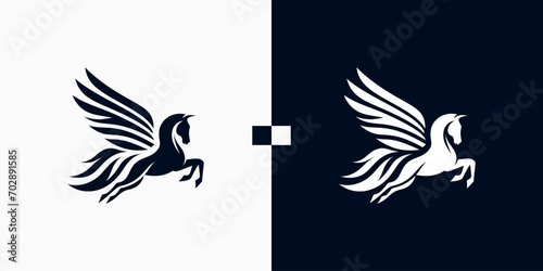 Pegasus horse logo Pegasus Skyline vector design inspiration, Monochrome Emblem of Running Pegasus isolated on white, Vector image of a silhouette of a mythical creature of Pegasus