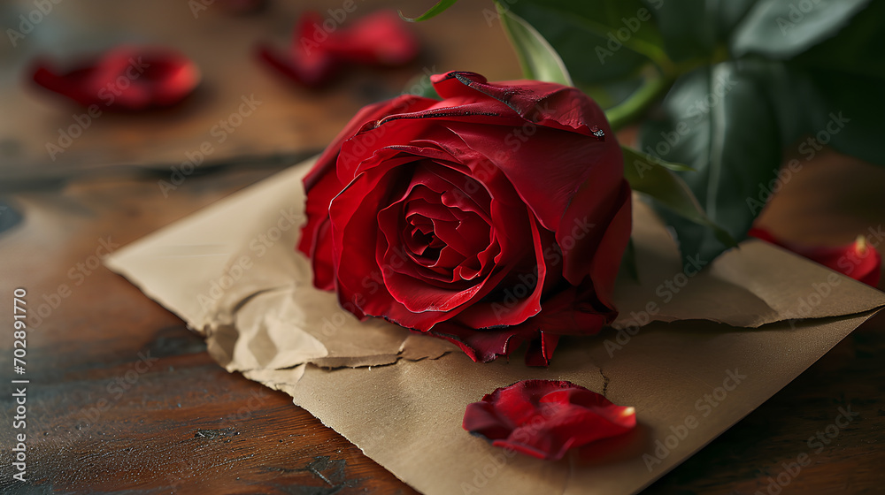 Red rose on the brown envelope, Valentine's Day concept Red rose on the brown envelope, Valentine's Day concept
