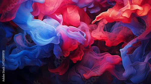 Cascading streams of ruby red and sapphire blue liquid, creating an intricate dance of color and flow in a high-definition capture of a mesmerizing 3D space.