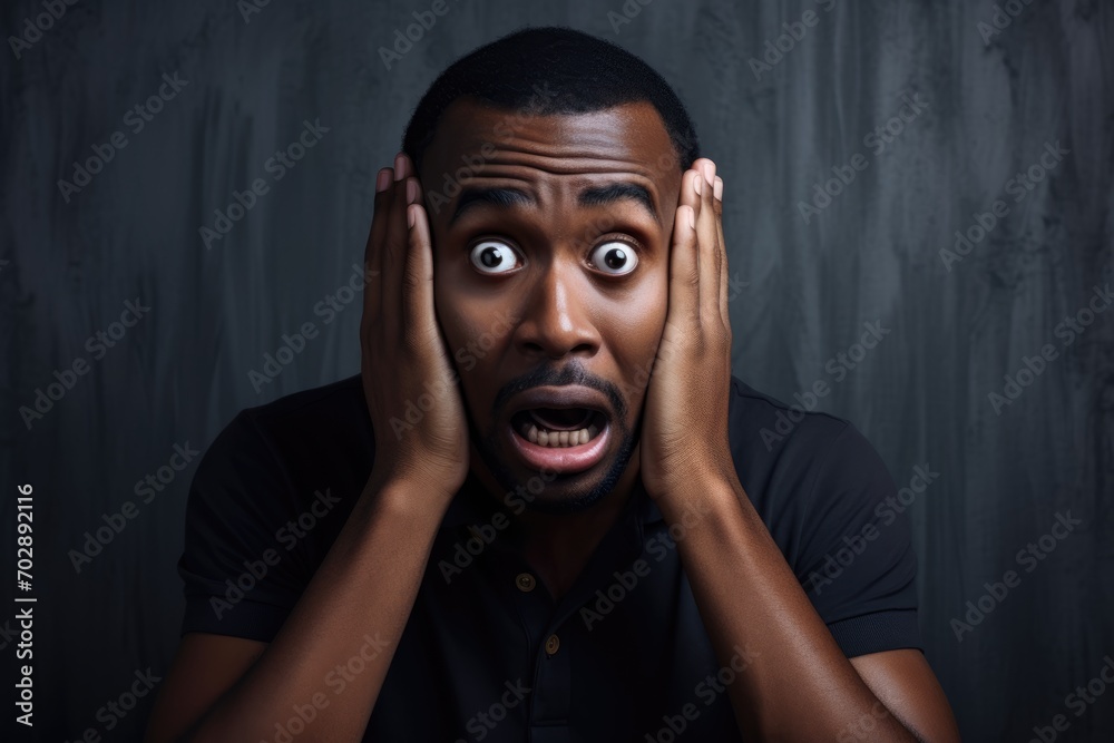 Fototapeta premium Black History Month, African American man look with fear, terrified African man staring in horror