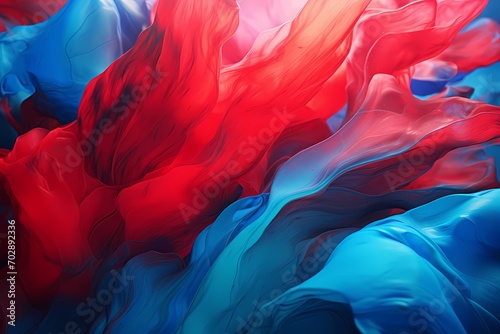 Cascading strokes of ruby red and azure blue colliding, forming a dramatic and intense abstract background.