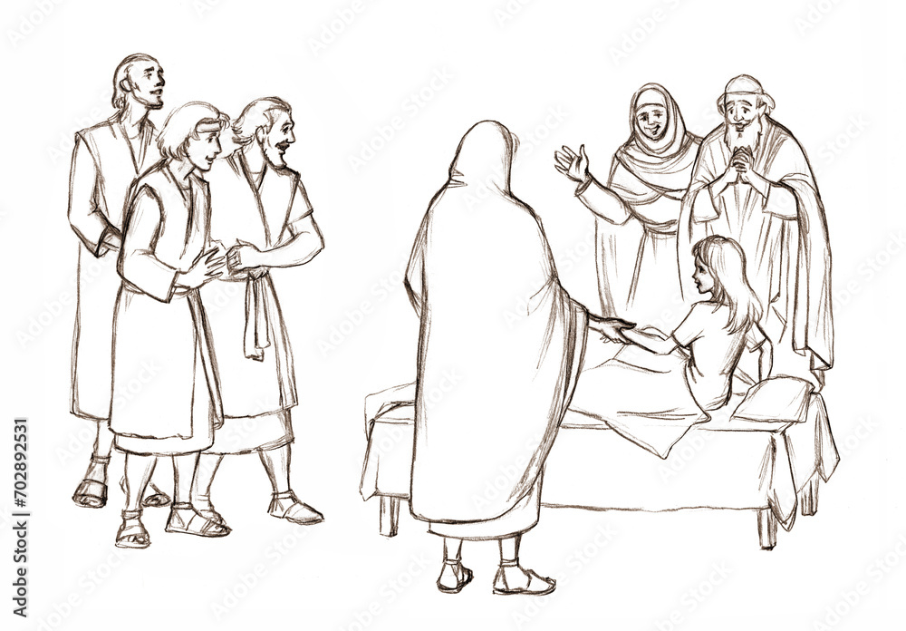 Healing of the daughter of Jairus. Pencil drawing