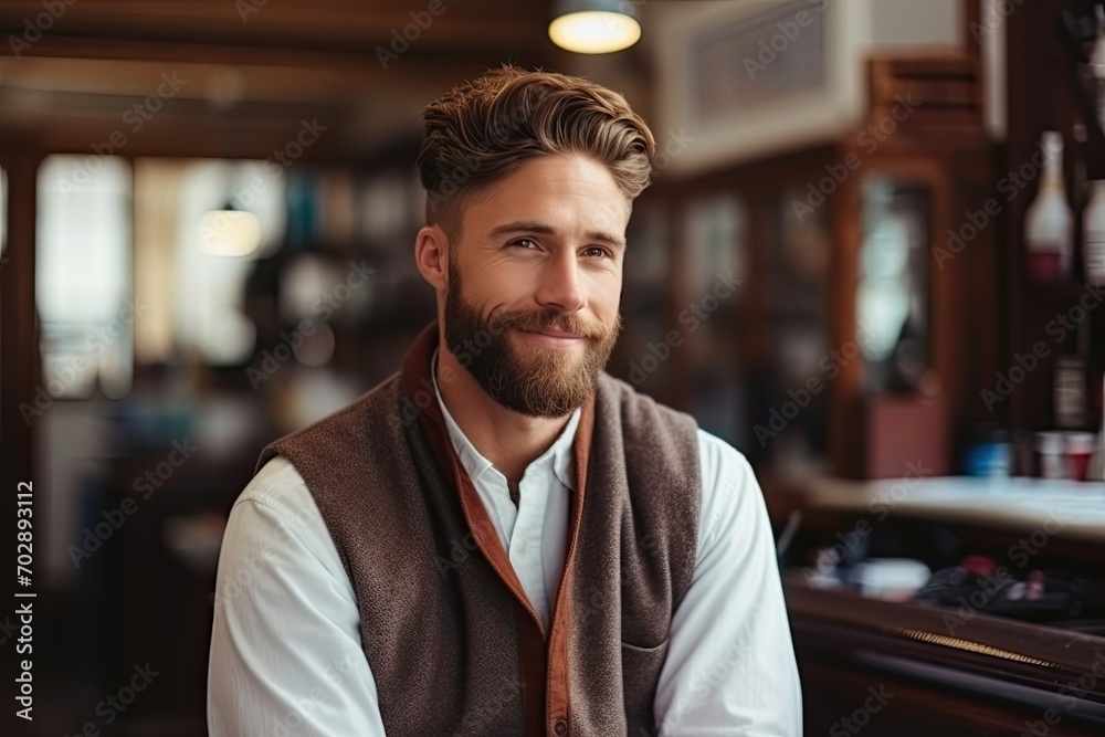 Fototapeta premium A stylish and attractive businessman exuding confidence at a lounge, showcasing elegance and modern style.