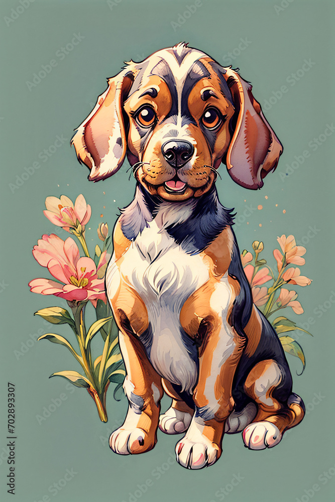 Basset Hound Dog with Flowers Spread Illustration