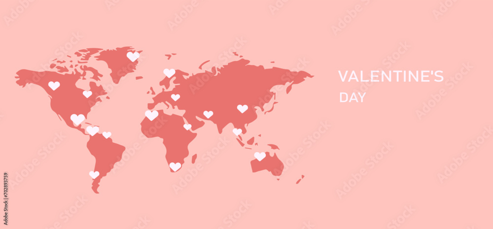 World map with hearts for Valentine's Day. Peach color. Text box. Love is all over the world. Vector illustration in flat style.