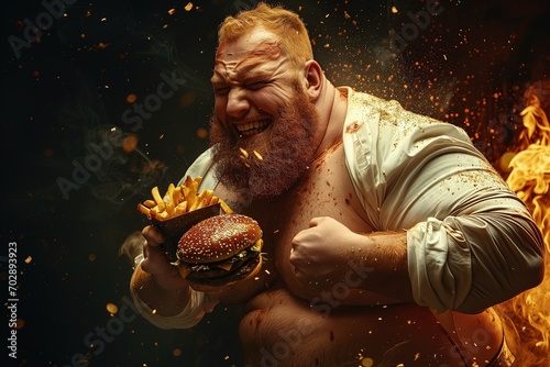 A chubby bodybuilder with massive arms, smiling with a burger and French fries.