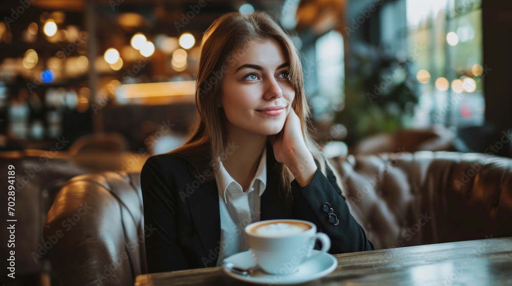 Smiling businesswoman smelling coffee in a coffee shop