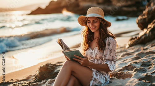 Real a young woman reads a book on the beach