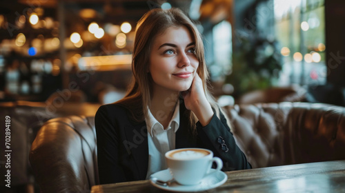 Smiling businesswoman smelling coffee in a coffee shop