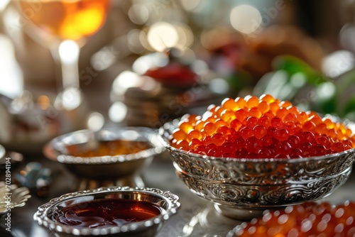 Red caviar in a silver bowl