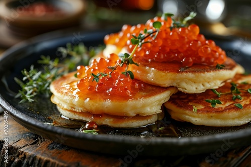 Pancakes with red caviar in a pan