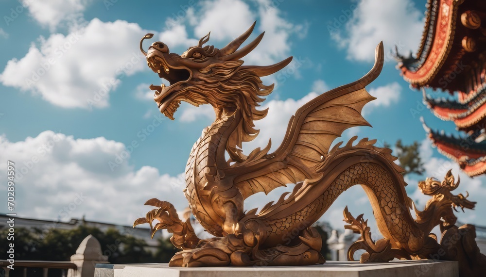 Obraz premium A wooden dragon statue shining in the sun, a symbol of the Chinese New Year