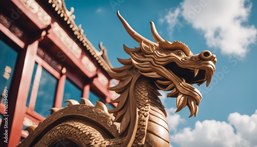 A wooden dragon statue shining in the sun  a symbol of the Chinese New Year