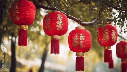 Beautiful traditional lanterns hanging from a tree during Chinese lunar new year