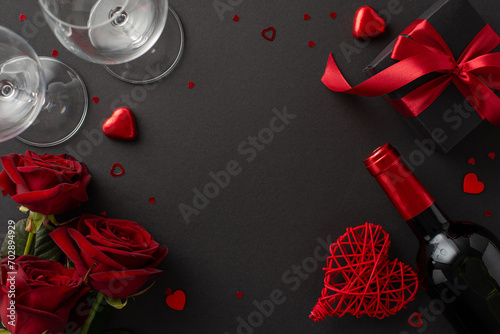 Birthday bash sophistication. Overhead shot featuring refined table setting with assorted chocolates, wine bottle, glasses, giftbox, vibrant roses, celebratory confetti on chic black surface, ad space