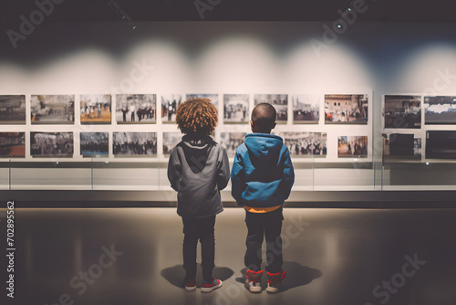 Focus on back view small two afro American kid boys with interest looking on pictures on the wall in gallery in Black history in community center on Black history month celebration. photo