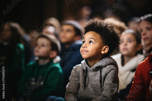 Focus on small afro American boy watching performance, attentively listening to the lecture about civil rights movements of Black history in community center on Black history month celebration.