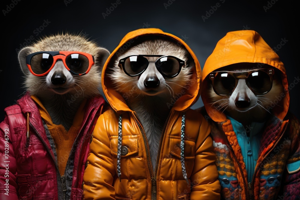 Creative animal concept. Meerkat in a group, vibrant bright fashionable outfits isolated on solid background advertisement, copy text space. birthday party invite invitation banner - obrazy, fototapety, plakaty 