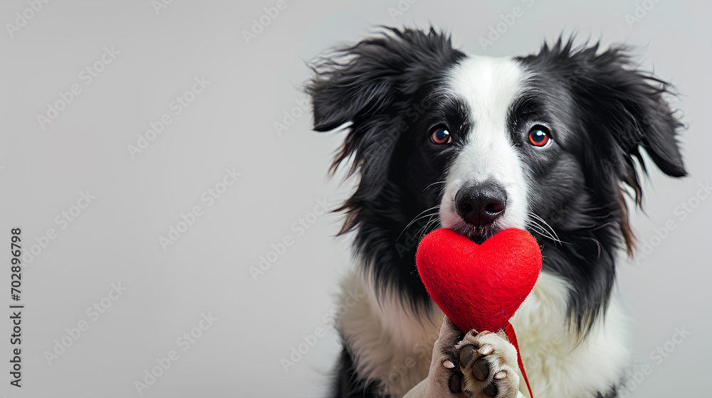 Valentine's Day concept. Funny portrait cute puppy dog border collie holding a red heart on its nose isolated on a white background. Lovely dog in love on valentines Day gives gift Valentine's Day concept. Funny portrait cute puppy dog border collie holding a red heart on its nose isolated on a white background. Lovely dog in love on valentines Day gives gift
