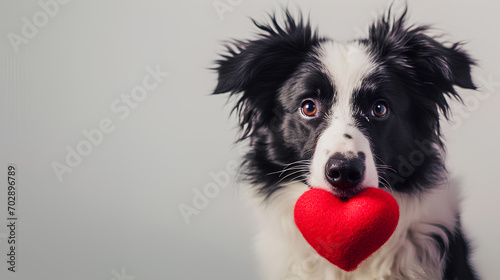 Valentine's Day concept. Funny portrait cute puppy dog border collie holding a red heart on its nose isolated on a white background. Lovely dog in love on valentines Day gives gift © mizan