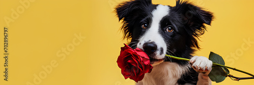 Valentine's Day concept. Funny portrait cute puppy dog border collie holding a red rose flower in mouth isolated on a yellow background, copy space for text, © mizan