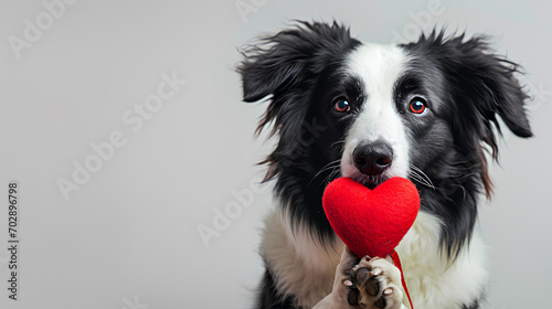 Valentine's Day concept. Funny portrait cute puppy dog border collie holding a red heart on its nose isolated on a white background. Lovely dog in love on valentines Day gives gift © mizan