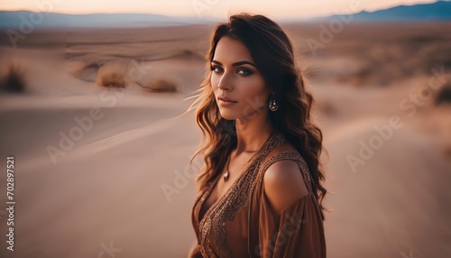Beautiful young woman in the desert at sunset. Boho style. Arabian woman in the desert. © Adi
