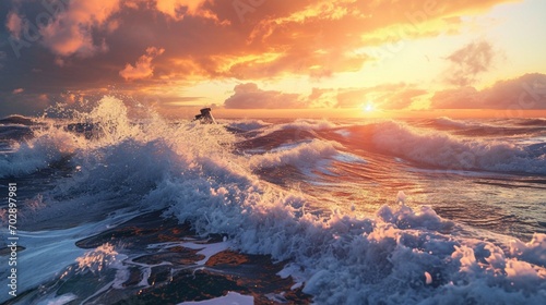 A beautifully lit scene of a wave energy converter in action, with powerful waves crashing against it, during a vibrant sunset. photo