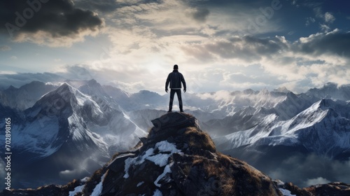 A man stands on top of a mountain