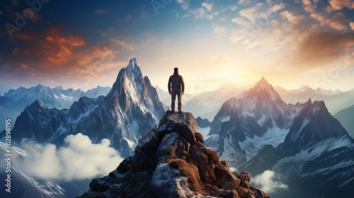 A man stands on top of a mountain photo