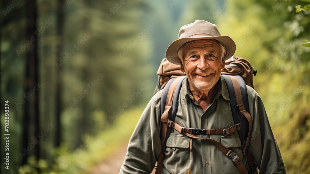 portrait of an elderly man with a backpack in the forest, the concept of an active lifestyle in old age