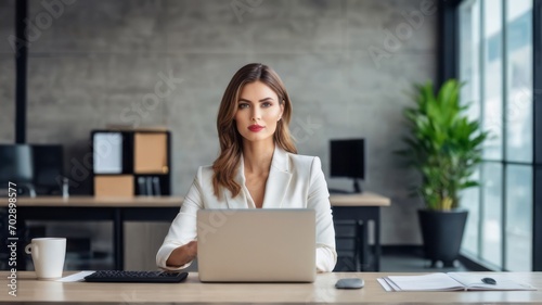 Amidst the corporate environment, a technology savvy businesswoman her laptop to orchestrate a harmonious blend of traditional office work and online strategies, ensuring an efficient workflow