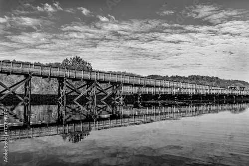 Rail trail bridge reflection BW