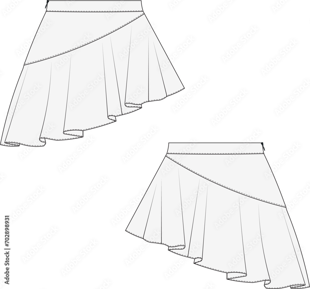 Ταπετσαρία frilly asymmetric short mini skirt template technical drawing flat sketch cad mo