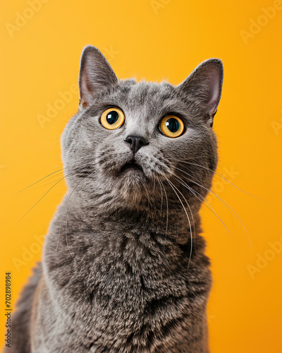funny british shorthair cat portrait looking shocked or surprised on orange background with copy space 