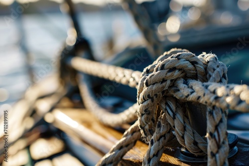 Macro shot of a sailboat's rope and pulley, showing the nautical knots and sail fabric