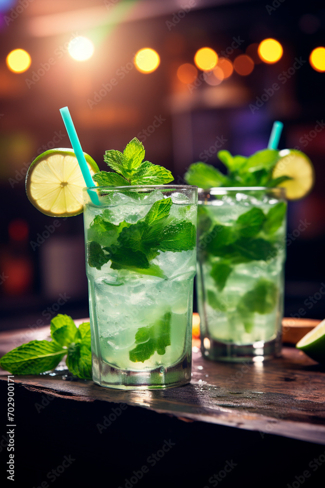 the company is holding a mojito cocktail on the background of the restaurant. the company is holding a mojito cocktail on the background of the restaurant.