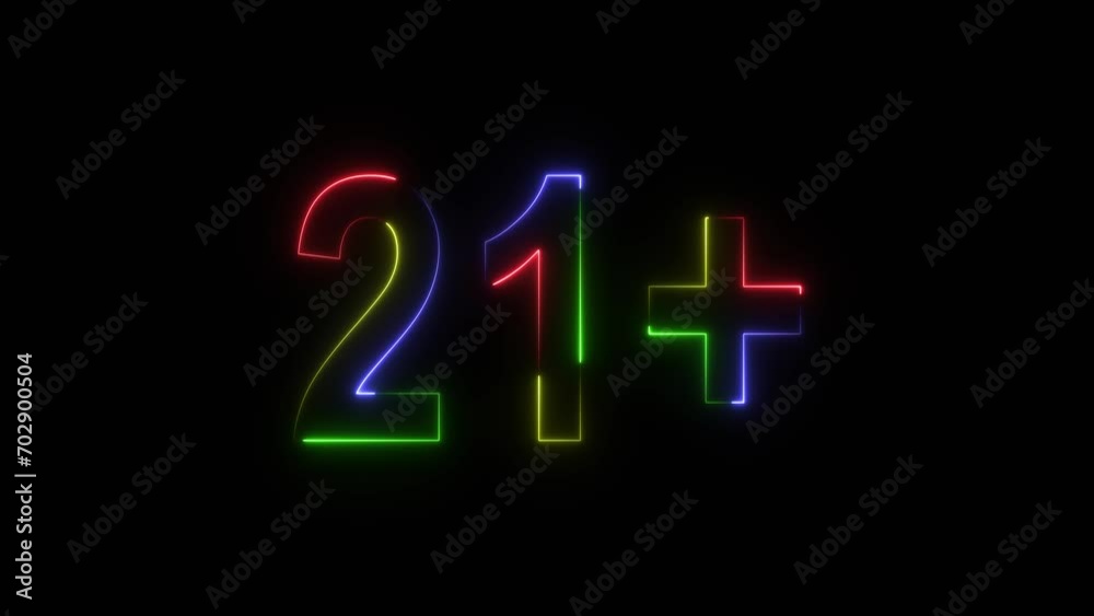 16+, 18+, 21+ plus Glowing neon text, glowing neon sign in rainbow colors. 4K. 16+, 18+, 21+ plus Glowing neon text, glowing neon sign in rainbow colors. 4K.