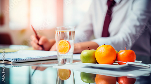 on the table, fruit, a glass of water, a person in the background. healthy weight loss diet.