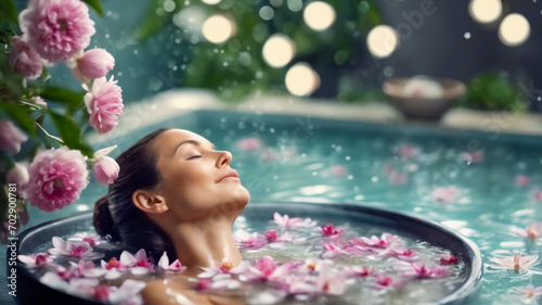 Donna Immersa in un Rilassante Trattamento al Piede con Fiori Profumati e Acqua Soothing