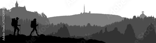 Vektor Silhouetten - Wandern in der wunderschönen Landschaft im Harz - Felsen, Gebirge und Wälder