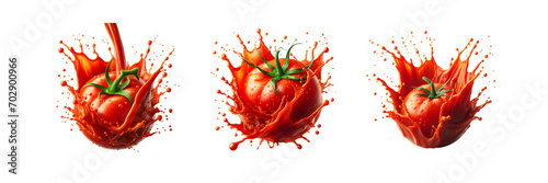Collection Set of tomato splashing out of juice, isolated over on transparent white background