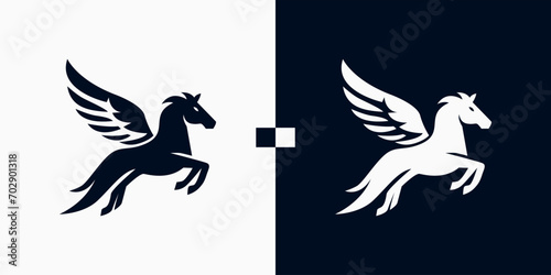 Pegasus horse logo Pegasus Skyline vector design inspiration, Monochrome Emblem of Running Pegasus isolated on white, Vector image of a silhouette of a mythical creature of Pegasus